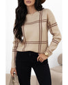 Khaki Plaid Pattern Knitted Drop Shoulder Sweater - M