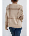 Khaki Plaid Pattern Knitted Drop Shoulder Sweater - M