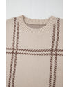 Khaki Plaid Pattern Knitted Drop Shoulder Sweater - S