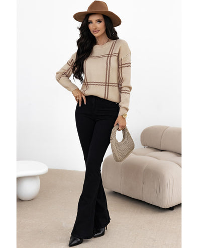 Khaki Plaid Pattern Knitted Drop Shoulder Sweater - XL