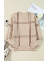 Khaki Plaid Pattern Knitted Drop Shoulder Sweater - XL