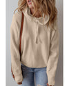 Beige Solid Color Drawstring Hooded Drop Shoulder Pullover Sweater - L