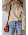 Beige Solid Color Drawstring Hooded Drop Shoulder Pullover Sweater - L