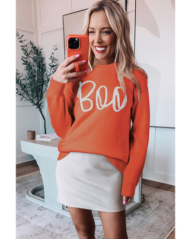 Orange Boo Knitted Pattern Ribbed Edge Drop Shoulder Sweater - S