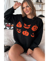 Black Halloween Pumpkin Face Pattern Drop Shoulder Sweater - L