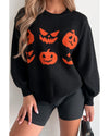 Black Halloween Pumpkin Face Pattern Drop Shoulder Sweater - L