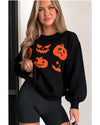 Black Halloween Pumpkin Face Pattern Drop Shoulder Sweater - L