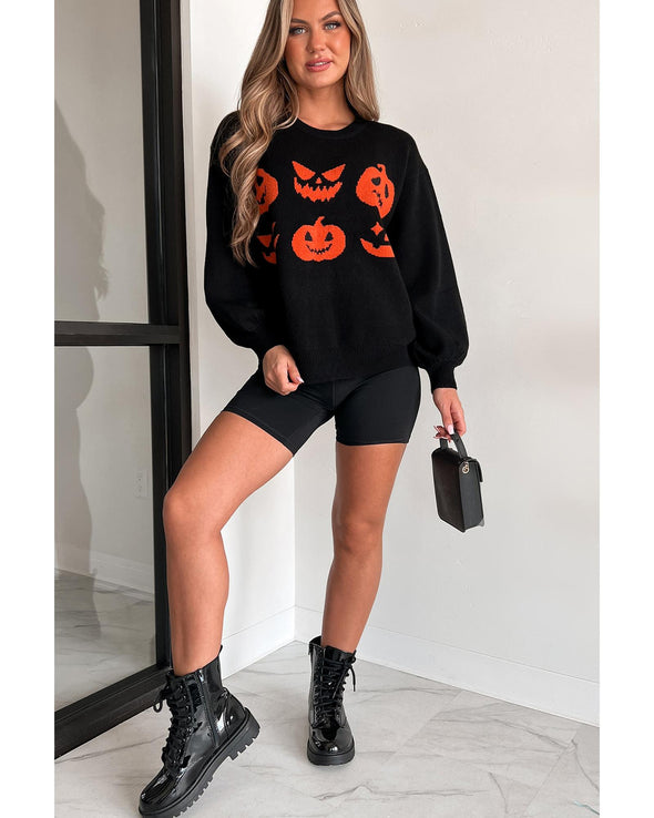 Black Halloween Pumpkin Face Pattern Drop Shoulder Sweater - S