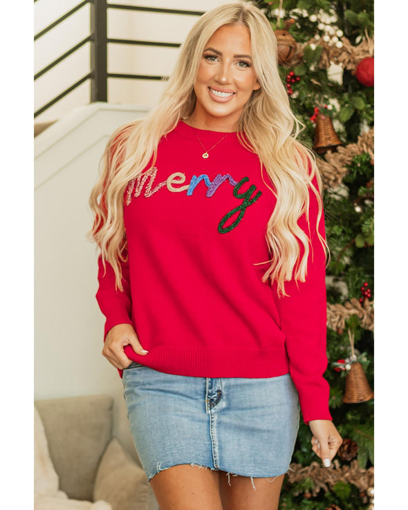 Fiery Red Tinsel Merry Letter Drop Shoulder Baggy Sweater - 2XL
