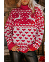 Fiery Red Merry Christmas Reindeer Heart Pattern High Neck Sweater - L