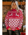 Fiery Red Merry Christmas Reindeer Heart Pattern High Neck Sweater - L