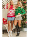 Fiery Red Merry Christmas Reindeer Heart Pattern High Neck Sweater - M