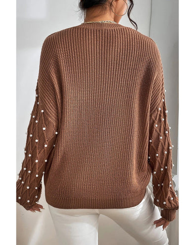Chestnut Beaded Drop Shoulder Round Neck Sweater - S