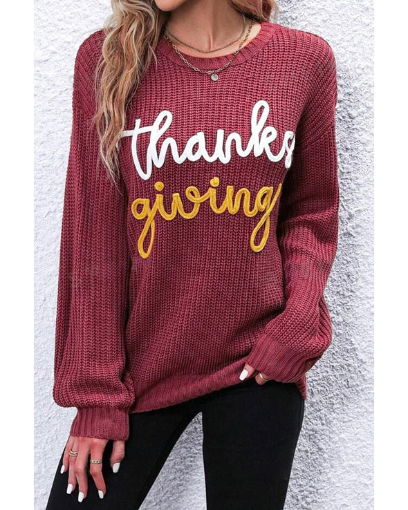Red Sandalwood Thanks Giving Letter Graphic Crew Neck Sweater - XL