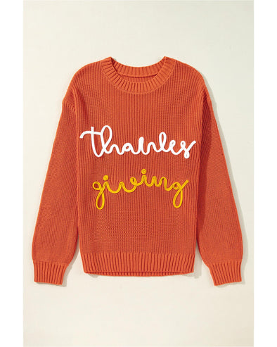 Gold Flame Thanks Giving Letter Graphic Crew Neck Sweater - L