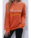 Gold Flame Thanks Giving Letter Graphic Crew Neck Sweater - M