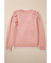 Light Pink Ruffled Bowknot Ribbed Trim Long Sleeve Sweater - XL
