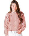 Light Pink Ruffled Bowknot Ribbed Trim Long Sleeve Sweater - XL
