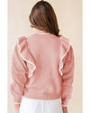 Light Pink Ruffled Bowknot Ribbed Trim Long Sleeve Sweater - XL