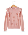 Light Pink Ruffled Bowknot Ribbed Trim Long Sleeve Sweater - XL