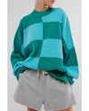 Green Checkered Side Slits Drop Shoulder Oversized Sweater - L