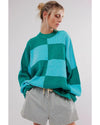 Green Checkered Side Slits Drop Shoulder Oversized Sweater - L