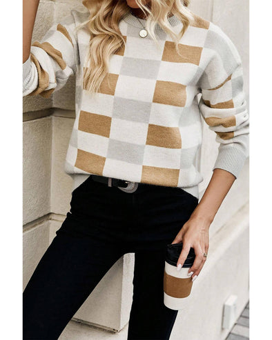 Khaki Checkered Ribbed Edge O Neck Drop Shoulder Sweater - XL