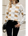 Khaki Checkered Ribbed Edge O Neck Drop Shoulder Sweater - XL