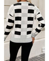 Black Checkered Ribbed Edge O Neck Drop Shoulder Sweater - L