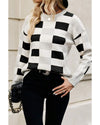 Black Checkered Ribbed Edge O Neck Drop Shoulder Sweater - L