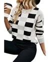 Black Checkered Ribbed Edge O Neck Drop Shoulder Sweater - L