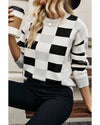 Black Checkered Ribbed Edge O Neck Drop Shoulder Sweater - S