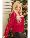 Racing Red Merry Graphic Sequin Sleeve Turtleneck Sweater - L