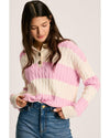 Pink Stripe Cable Knit Collared Henley Sweater - XL