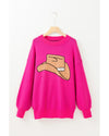 Rose Red YEEHAW Cowboy Hat Drop Shoulder Oversized Sweater - L