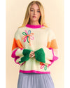 Beige Colorblock Flower Print Cable Knit Loose Sweater - L