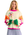 Beige Colorblock Flower Print Cable Knit Loose Sweater - L
