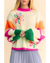 Beige Colorblock Flower Print Cable Knit Loose Sweater - M