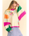 Beige Colorblock Flower Print Cable Knit Loose Sweater - M