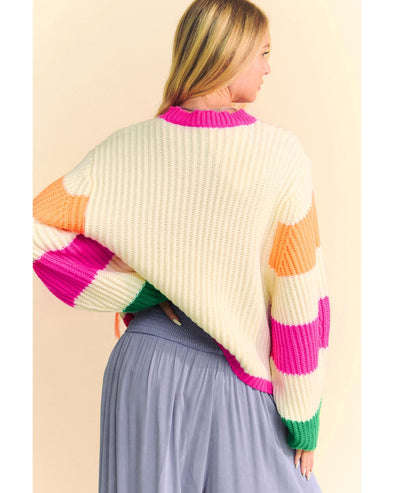 Beige Colorblock Flower Print Cable Knit Loose Sweater - XL
