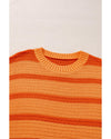 Orange Stripe Colorblock Crew Neck Drop Shoulder Loose Sweater - M