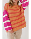 Orange Stripe Colorblock Crew Neck Drop Shoulder Loose Sweater - M
