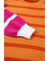 Orange Stripe Colorblock Crew Neck Drop Shoulder Loose Sweater - M
