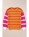 Orange Stripe Colorblock Crew Neck Drop Shoulder Loose Sweater - M