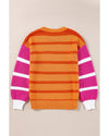 Orange Stripe Colorblock Crew Neck Drop Shoulder Loose Sweater - M