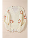 Beige Cable Knit Pumpkin Raw Hem V Neck Loose Sweater - XL
