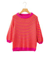 Rose Stripe 3/4 Puff Sleeve Drop Shoulder Sweater - XL