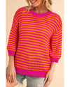 Rose Stripe 3/4 Puff Sleeve Drop Shoulder Sweater - XL