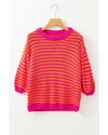 Rose Stripe 3/4 Puff Sleeve Drop Shoulder Sweater - XL