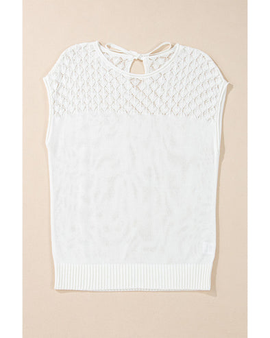 White Eyelet Knit Tied Back Short Sleeve Sweater - 2XL
